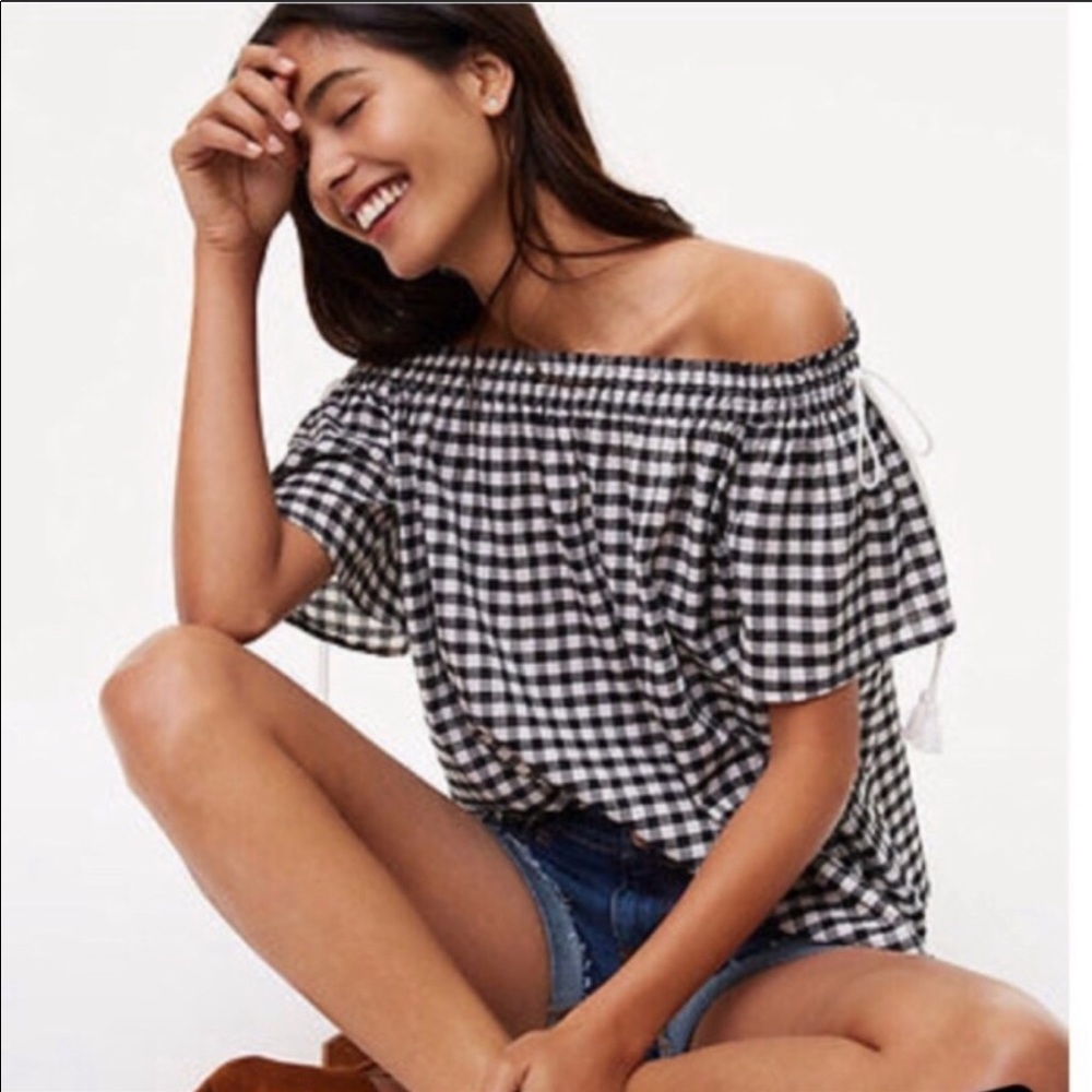 LOFT black & white gingham off the shoulder top, L